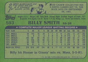 1982 Topps #593 Billy Smith Back