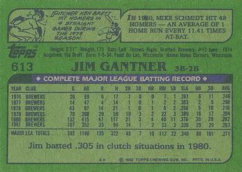 1982 Topps #613 Jim Gantner Back