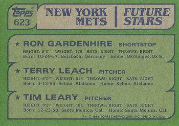1982 Topps #623 Mets Future Stars (Ron Gardenhire / Terry Leach / Tim Leary) Back