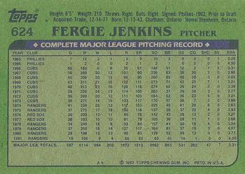 1982 Topps #624 Fergie Jenkins Back