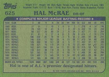 1982 Topps #625 Hal McRae Back