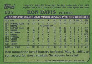 1982 Topps #635 Ron Davis Back