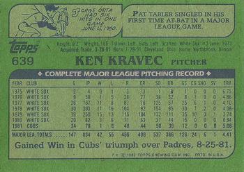 1982 Topps #639 Ken Kravec Back