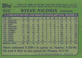 1982 Topps #652 Steve Nicosia Back