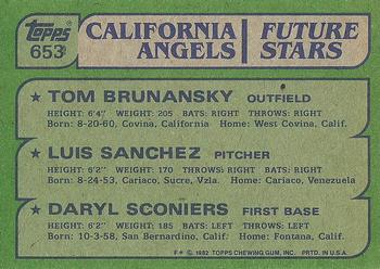1982 Topps #653 Angels Future Stars (Tom Brunansky / Luis Sanchez / Daryl Sconiers) Back