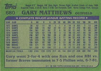 1982 Topps #680 Gary Matthews Back