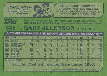 1982 Topps #686 Gary Allenson Back