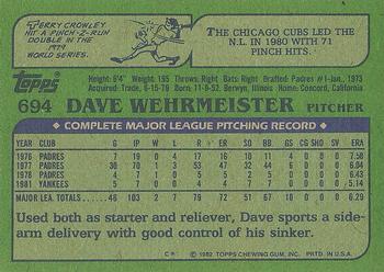 1982 Topps #694 Dave Wehrmeister Back