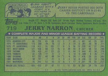 1982 Topps #719 Jerry Narron Back