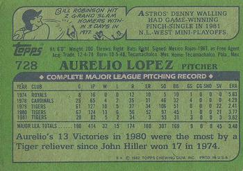 1982 Topps #728 Aurelio Lopez Back