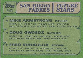 1982 Topps #731 Padres Future Stars (Mike Armstrong / Doug Gwosdz / Fred Kuhaulua) Back