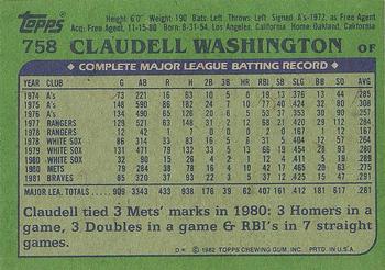 1982 Topps #758 Claudell Washington Back