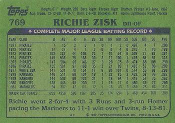 1982 Topps #769 Richie Zisk Back