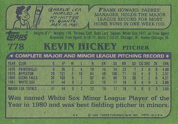 1982 Topps #778 Kevin Hickey Back