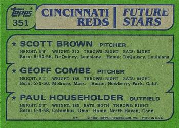 1982 Topps #351 Reds Future Stars (Scott Brown / Geoff Combe / Paul Householder) Back