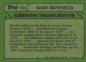 1982 Topps #553 Dave Winfield Back