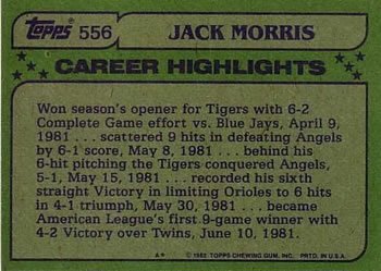 1982 Topps #556 Jack Morris Back