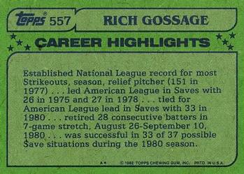 1982 Topps #557 Rich Gossage Back