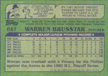 1982 Topps #647 Warren Brusstar Back