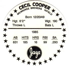 1986 Jays Discs #NNO Cecil Cooper Back