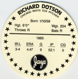 1986 Jays Discs #NNO Richard Dotson Back