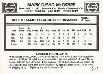 1989 Pepsi Mark McGwire #2 Mark McGwire Back