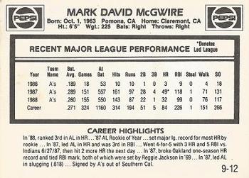 1989 Pepsi Mark McGwire #9 Mark McGwire Back