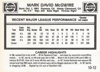 1989 Pepsi Mark McGwire #10 Mark McGwire Back