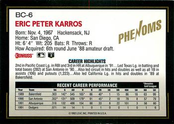 1992 Donruss The Rookies - Phenoms #BC-6 Eric Karros Back