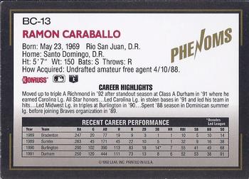 1992 Donruss The Rookies - Phenoms #BC-13 Ramon Caraballo Back