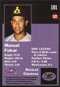 1993 Lime Rock Dominican Winter League #101 Manuel Fulcar Back