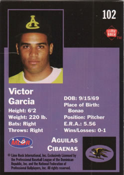 1993 Lime Rock Dominican Winter League #102 Victor Garcia Back