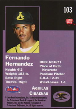 1993 Lime Rock Dominican Winter League #103 Fernando Hernandez Back