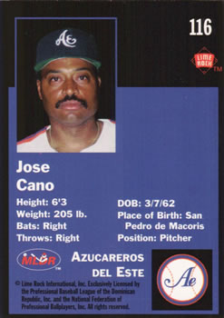 1993 Lime Rock Dominican Winter League #116 Jose Cano Back