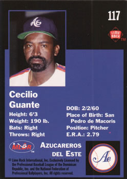 1993 Lime Rock Dominican Winter League #117 Cecilio Guante Back