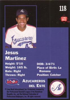 1993 Lime Rock Dominican Winter League #118 Jesus Martinez Back