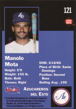 1993 Lime Rock Dominican Winter League #121 Manolo Mota Back