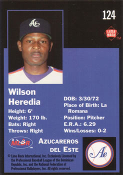 1993 Lime Rock Dominican Winter League #124 Wilson Heredia Back