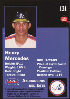 1993 Lime Rock Dominican Winter League #131 Henry Mercedes Back
