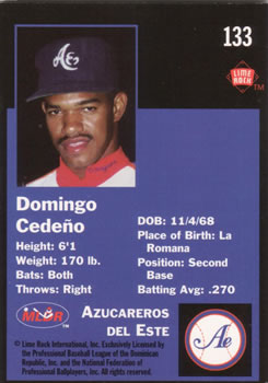 1993 Lime Rock Dominican Winter League #133 Domingo Cedeno Back
