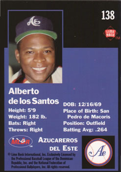 1993 Lime Rock Dominican Winter League #138 Alberto de los Santos Back