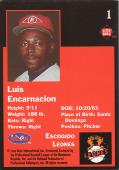 1993 Lime Rock Dominican Winter League #1 Luis Encarnacion Back