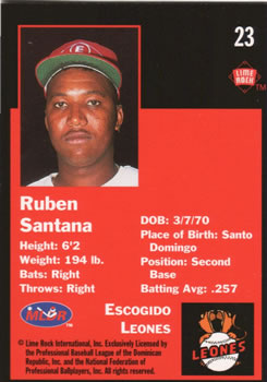 1993 Lime Rock Dominican Winter League #23 Ruben Santana Back