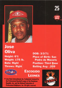 1993 Lime Rock Dominican Winter League #25 Jose Oliva Back