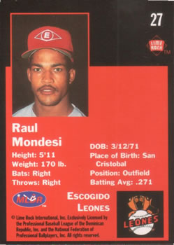 1993 Lime Rock Dominican Winter League #27 Raul Mondesi Back