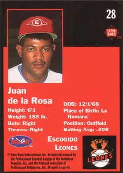 1993 Lime Rock Dominican Winter League #28 Juan de la Rosa Back