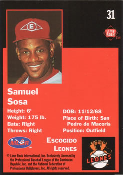 1993 Lime Rock Dominican Winter League #31 Sammy Sosa Back