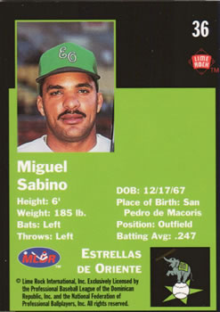 1993 Lime Rock Dominican Winter League #36 Miguel Sabino Back