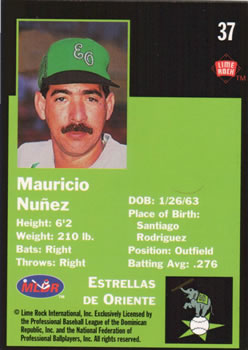 1993 Lime Rock Dominican Winter League #37 Mauricio Nunez Back