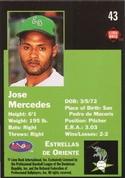 1993 Lime Rock Dominican Winter League #43 Jose Mercedes Back